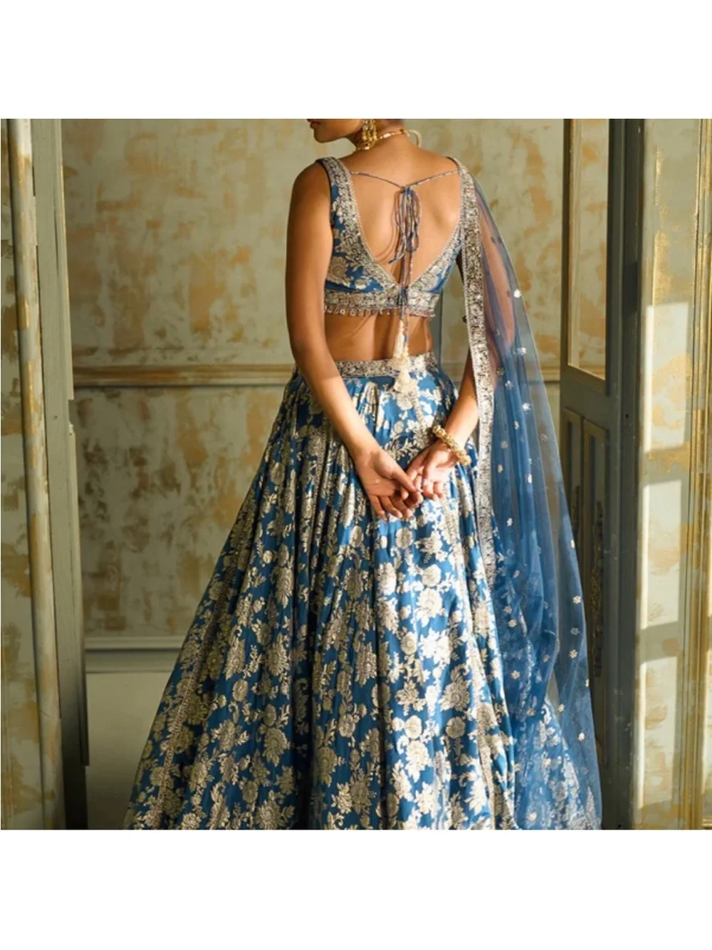 Elegant Navy Blue and Gold Embroidered Lehenga - Picture 3 of 4